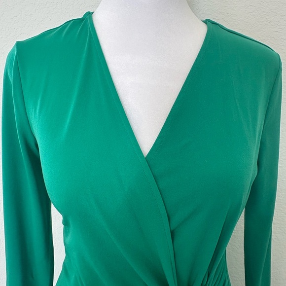 Calvin Klein Emerald Green Faux-Wrap Dress with Gold Accent - Picture 2 of 10